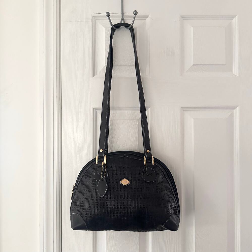 I Santi Blue Leather Vintage Italy Woven Bowler Dome Shoulder Bag Gold Hardware